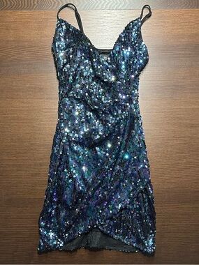 Sequin Slip Dress in Iridescent Blue by I.N. San Francisco Small